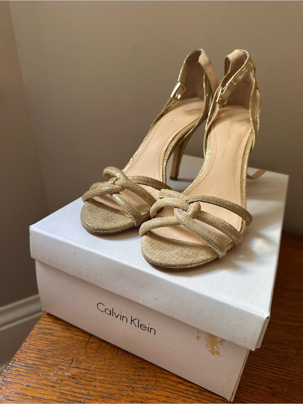 Calvin Klein Metallic Gold Knotted Strap High Heels